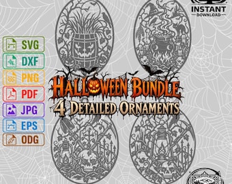 Halloween Ornament Bundle SVG | 4 Detailed Spooky Hanging Decorations | Laser Cut Halloween DXF PNG | Witch Skull Pumpkin Decor