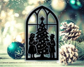 Kerstliederen venster silhouet SVG | Lasergesneden kerstboom ornament sjabloon | Papier gesneden scène | DXF PNG eps pdf Digitale download