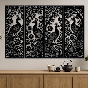 May include: Four-panel black metal wall art featuring peacock designs. Each panel depicts a peacock perched on a flowering branch. The artwork is displayed above a wooden cabinet, with decorative items like a bonsai tree and tea set.