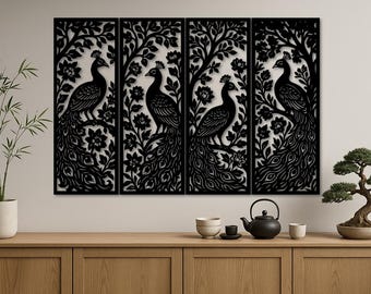 4 Panel Peacock & Floral Nature Wall Art | Laser Cut SVG DXF PNG pdf odg Files | Intricate Peacock Design for Cnc, Glowforge, Cricut