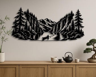 Mountain Lake Canoe Landscape SVG | One-Piece Interconnected Forest Scene | Laser Cut Mountain DXF | Nature Wall Decor Digital Download PNG
