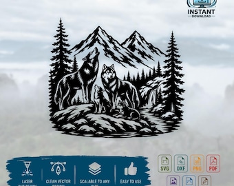 Wolf Family Mountain Scene SVG | Wildlife Laser Cut File | Wolf Wall Art Digital Download | Glowforge Cnc Cricut | Digital Download png dxf