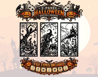 3 Panel Halloween SVG | Witch, Haunted House, Skeleton, Pumpkin Silhouette Bundle | Interconnected Laser Cut Decor DXF PNG Digital Download