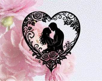 Romantic Heart Couple Wall Art SVG | Floral Love Silhouette Laser Cut Design | Valentine & Anniversary Decor | CNC Cut File Digital Design