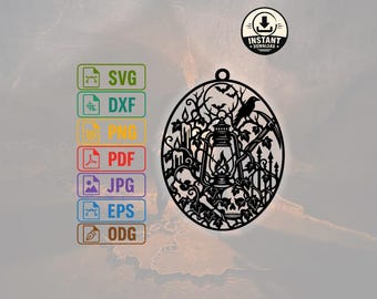 Haunted Lantern Halloween SVG | Spooky Raven Skull & Candle Ornament | Gothic Keyring Laser Cut DXF PNG | Halloween Door Decor