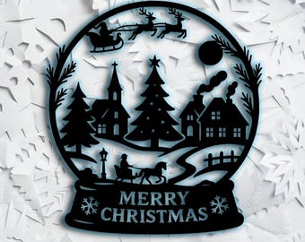 Christmas Village Round Scene SVG DXF PNG | Santa Sleigh Design | Window Display, Wall Art, Engraving & Ornaments | Merry Christmas Cut File