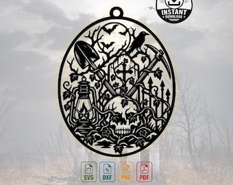 Graveyard Tools Halloween SVG | Spooky Skull Graveyard | Raven, Shovel & Pickaxe Laser Cut Design | Creepy Halloween Decor DXF PNG