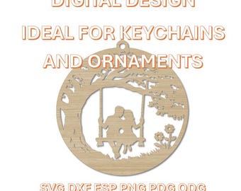 Romantic Couple on Swing Tree Ornament SVG | Valentine Silhouette Keychain Design | Laser Cut File for Ornaments & Gifts Digital Download