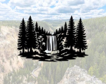 Waterfall Forest Silhouette • One-Piece Interconnected Nature Scene • Landscape Laser Cut SVG DXF PNG Digital File