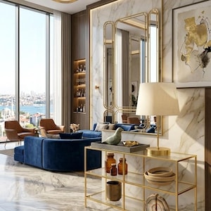 May include: An interior design scene featuring a modern living room with a blue sofa, gold accents, and a glass console table. A large window offers a city view. Decorative items include a bird statue and amber-colored bottles.