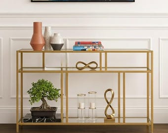 Mondriaan gouden consoletafel 100 cm | Moderne glazen console | Goudkleurige metalen entreetafel | Koffiehoekdecor