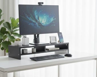Wooden Monitor Stand with Shelf,Desk Organizer Monitor Riser 72 cm,Office Computer Screen Stand White Black Walnut