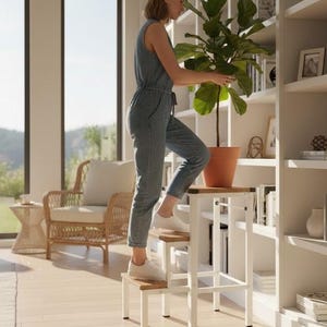 Puede incluir: Un taburete de tres escalones con estructura blanca y escalones de madera. Una persona está de pie en el taburete, atendiendo una planta en maceta. La planta está en una maceta de terracota. La habitación tiene estanterías blancas y grandes ventanas.