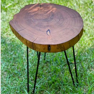 May include: A small, round wooden side table with a natural edge. The tabletop is a rich brown color, showing the wood's grain. It has three black metal hairpin legs. The table is set on a bed of green grass.