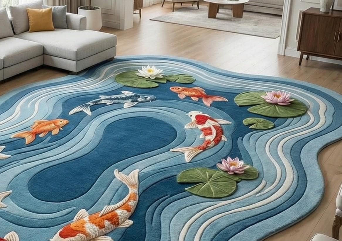 Hand Tufted Koi Fish Pond Rug | 3D Carved Water Lily Carpet | Irregular ...