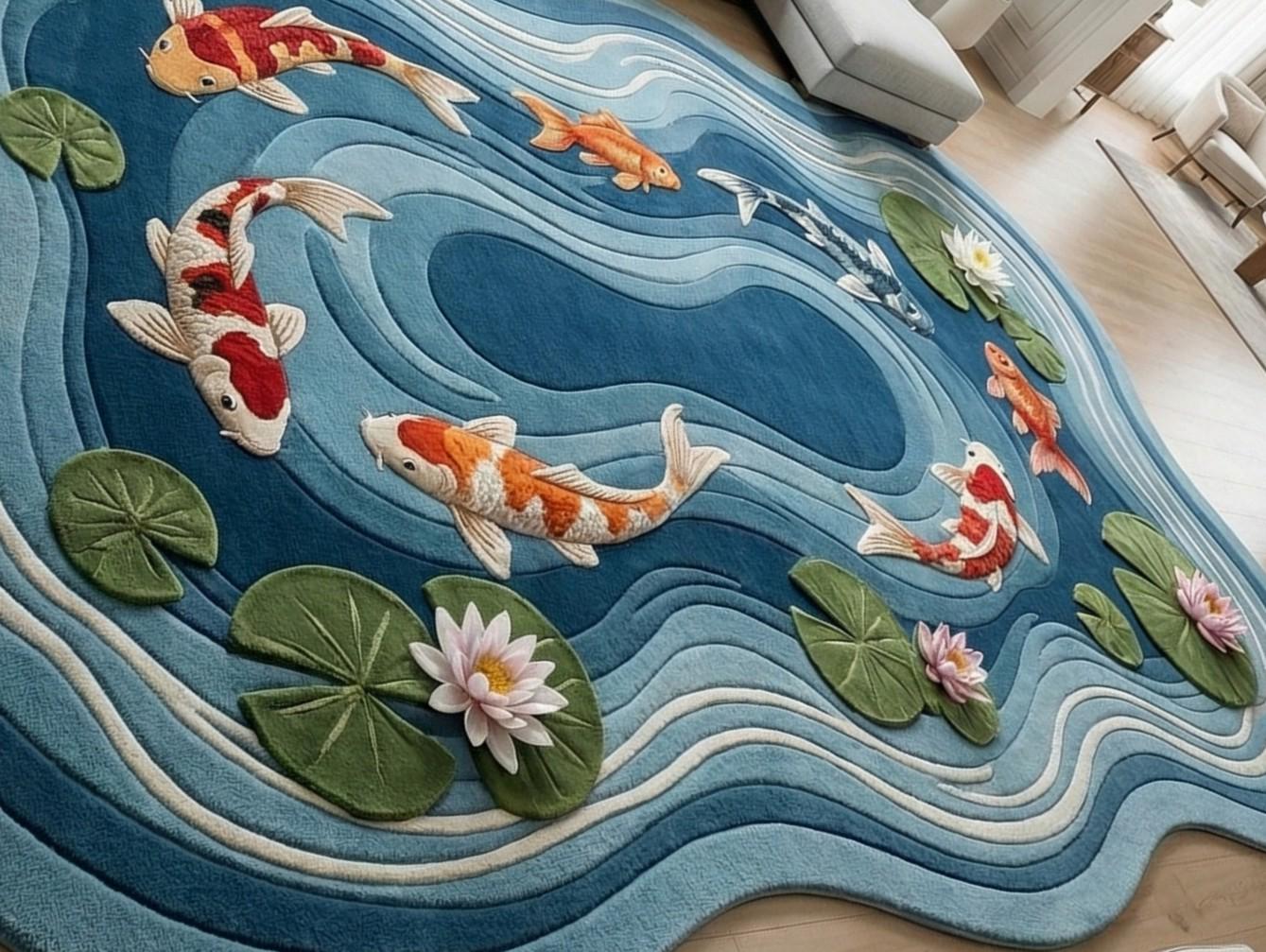 Hand Tufted Koi Fish Pond Rug | 3D Carved Water Lily Carpet | Irregular ...