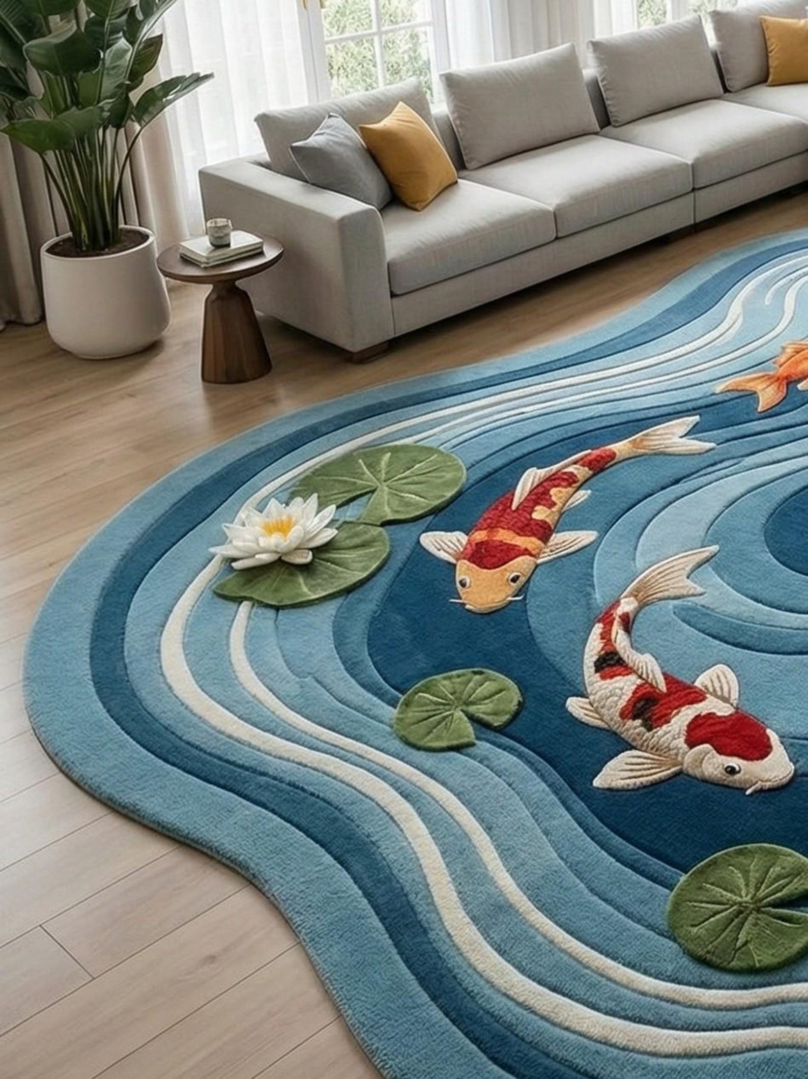 Hand Tufted Koi Fish Pond Rug | 3D Carved Water Lily Carpet | Irregular ...