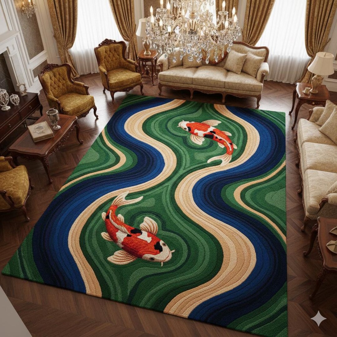Pond Rug Abstract Handmade Wool Koi Fish Rug | Japanese Pond Design - Etsy