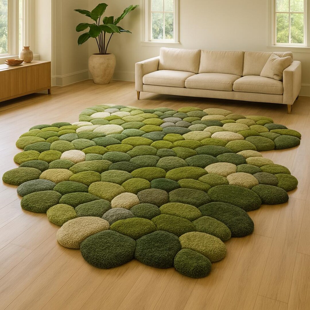 Hand Tufted Wool Rug: Green Pebble Moss Design, 3D Textured Carpet ...