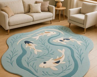 Hand Tufted Koi Fish Rug | Aqua Blue Pond Carpet
