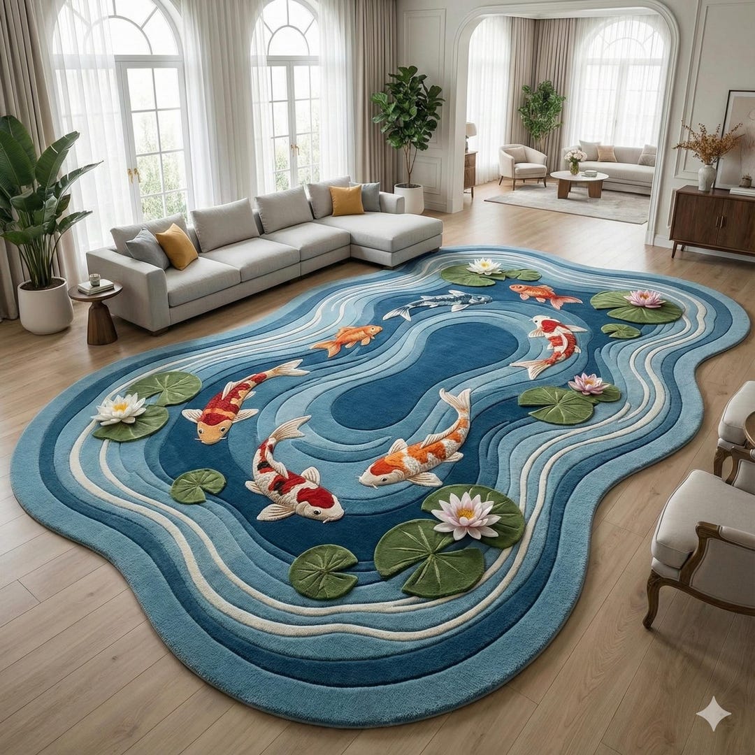 Pond Colors Rug Hand Tufted Koi Fish Pond Rug | 3D Carved Water Lily Carpet | Irregular ...