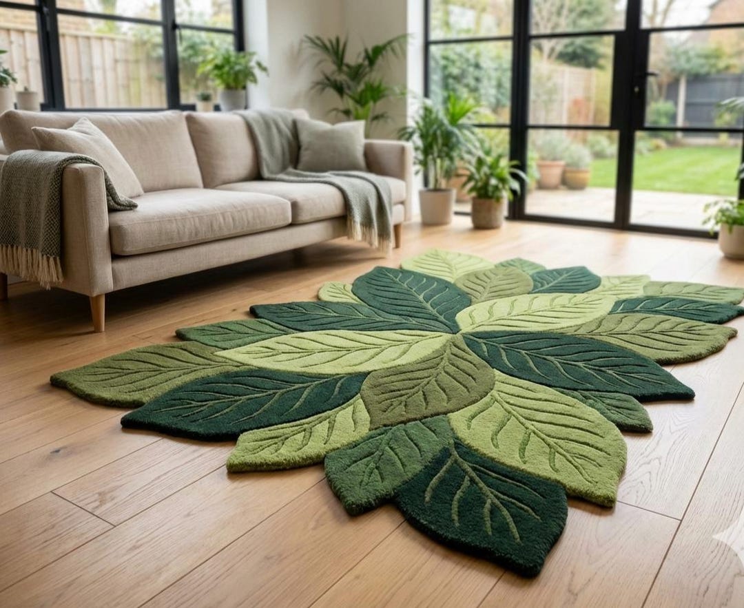 Sage Green Leaf Rug, Large 5x8 Hand Tufted Wool Area Rug, Botanical ...