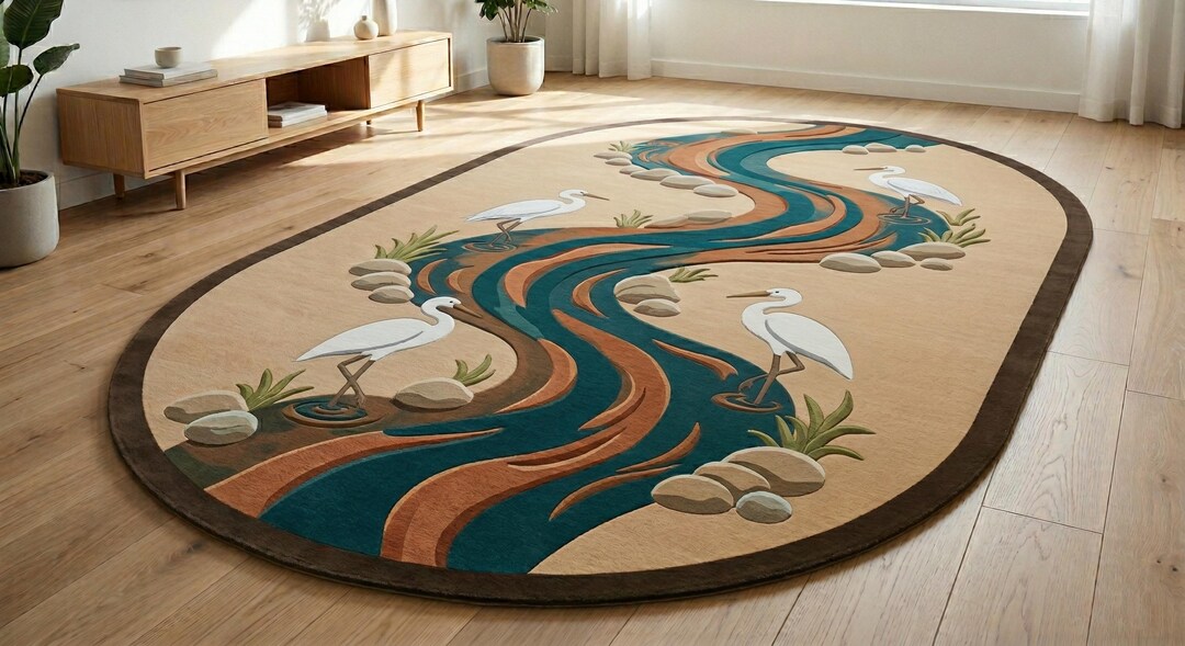 River Rug Custom Heron Bird River Rug, Hand Tufted Wool Area Rug, Nature Inspired Scenic ...