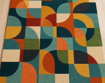 Geometric Hand-Tufted Wool Rug: Mid-Century Modern Abstract Design 8x10