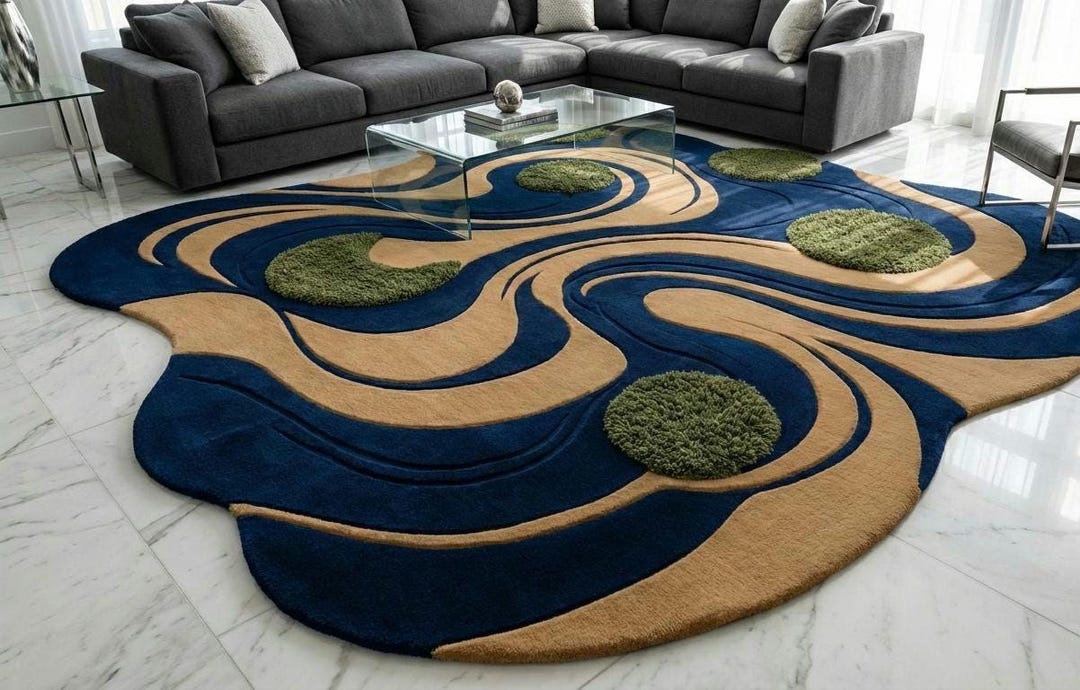 Hand Tufted Wool Rug – Abstract Blue Beige Organic Shape Carpet - Etsy