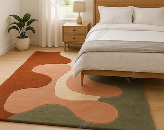 Retro Mid Century Geometric Rug | Hand Tufted Plush Wool Rug For Living Room
