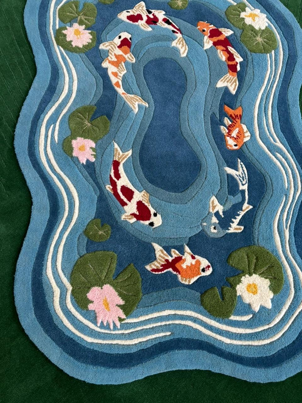 Pond Rug Abstract Hand Tufted Koi Fish Pond Rug | 3D Carved Water Lily Carpet | Irregular ...