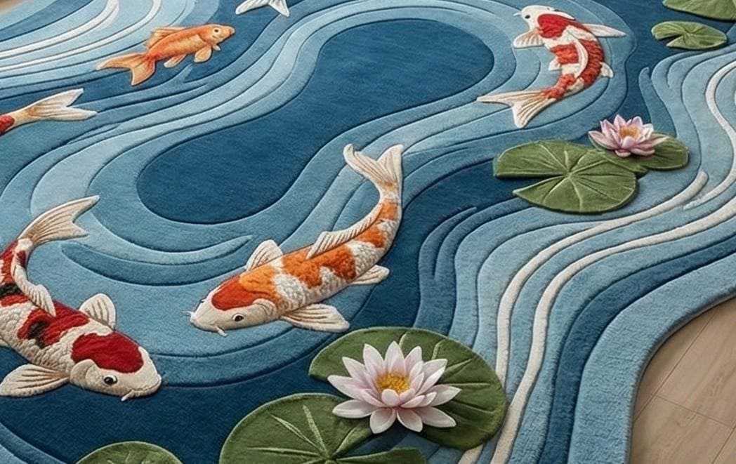 Pond Colors Rug Hand Tufted Koi Fish Pond Rug | 3D Carved Water Lily Carpet | Irregular ...