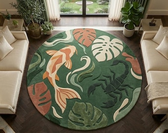 Runder Koi-Fisch-Teppich, handgetufteter botanischer Wollteppich, Teppich im japanischen Teichdesign