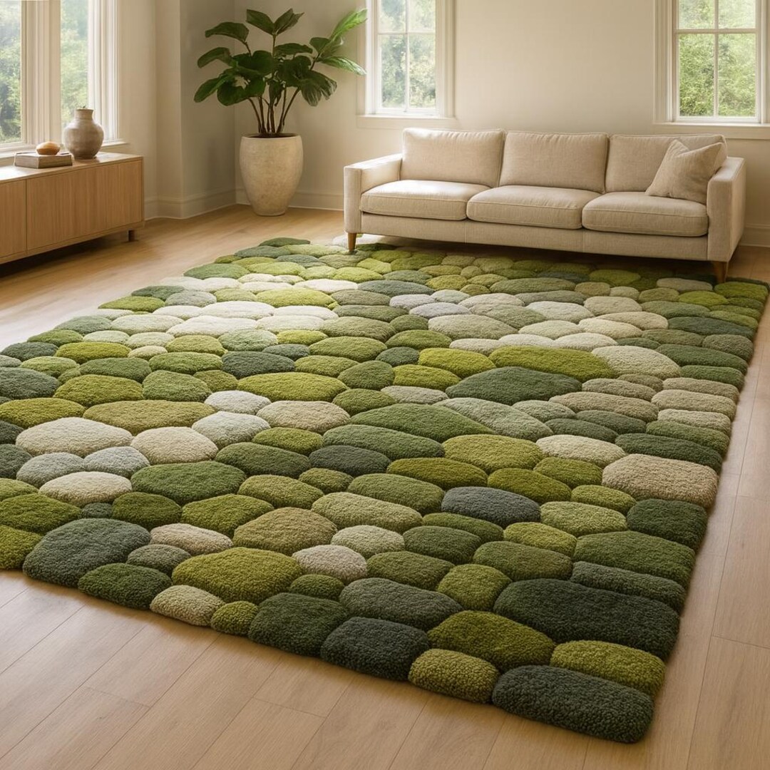 Hand Tufted Wool Rug: Green Pebble Moss Design, 3D Textured Carpet ...