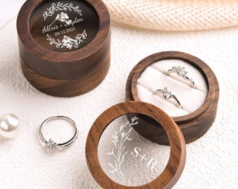 Porta-anillos de compromiso grabado a medida, caja redonda de madera personalizada con tapa acrílica, regalo nupcial para ella.