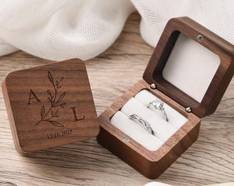 Custom Wooden Ring Box for Wedding Ceremony, Square Ring Bearer, Engagement, Anniversary,  Engraved Jewelry Gift Box for lover's Birthday