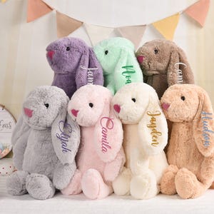 Peut inclure: Collection de lapins de Pâques en peluche aux couleurs pastel, notamment violet, vert, rose et beige. Chaque lapin porte un prénom brodé sur l'oreille. Des cadeaux parfaits pour Pâques.