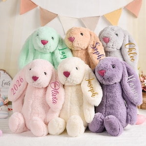 Può includere: Una collezione di coniglietti di peluche in vari colori pastello, tra cui verde menta, pesca, grigio, rosa, crema e viola. Ogni coniglietto ha un naso rosa e un nome ricamato sull'orecchio. Alcuni coniglietti hanno l'anno 2026 ricamato.