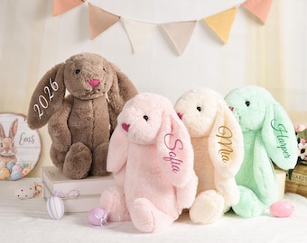 Conejito de peluche personalizado bordado con el nombre del niño, regalo de Pascua para el primer conejito de Pascua.