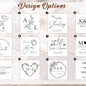 May include: A selection of twelve design options for personalized engravings. The designs include initials, names, dates, and floral or geometric elements. The text "Design Options" is at the top.