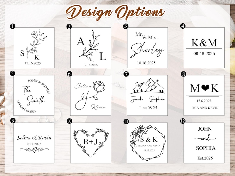 May include: A selection of twelve design options for personalized engravings. The designs include initials, names, dates, and floral or geometric elements. The text "Design Options" is at the top.