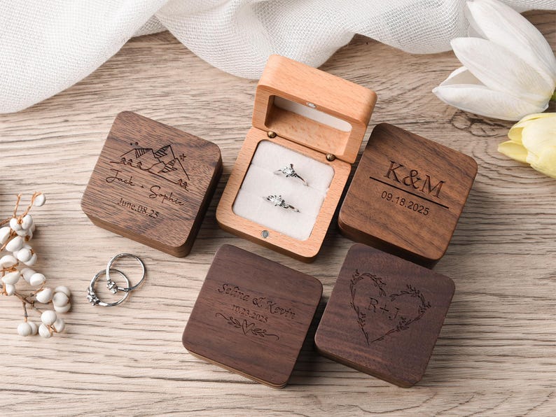 Custom Wooden Ring Box for Wedding Ceremony, Square Ring Bearer, Engagement, Anniversary, Engraved Jewelry Gift Box for lover's Birthday image 11