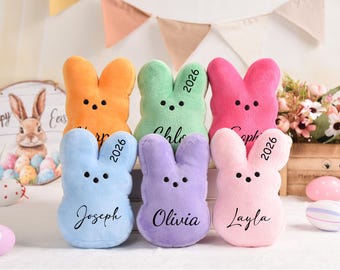 Conejito de peluche Peeps con nombre personalizado, regalo de canasta de Pascua