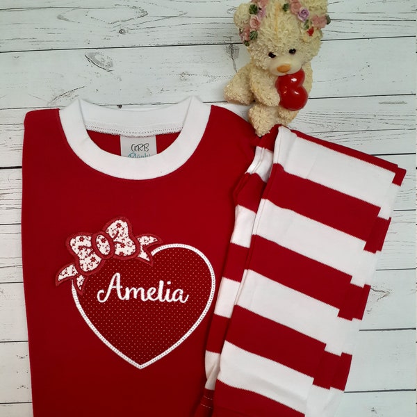 Girls Valentine's Day Pajamas, heart applique with bow, personalized