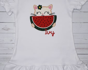 Girls Summertime Picnic Fun Shirt, Personalized Applique, Kitten Shirt