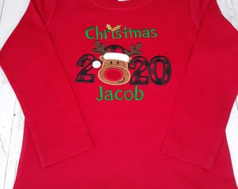 Boys Christmas Reindeer shirt, personalized for 2023, buffalo plaid applique