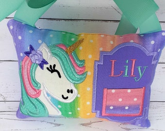 Girls Unicorn Tooth Fairy Pillow, personalized applique embroidery