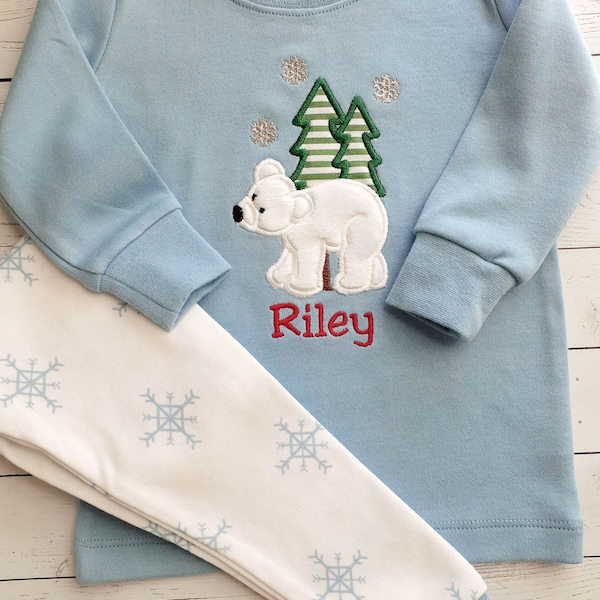 Kids Christmas pajamas, Polar Bear, Snowflakes, Personalized name,  Unisex siblings