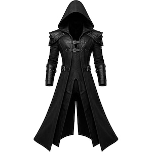 May include: A black hooded coat with a medieval design. The coat features shoulder pads, multiple buckles, and a long, flowing skirt. The sleeves have detailed cuffs. The coat is made of a dark, possibly leather-like material.