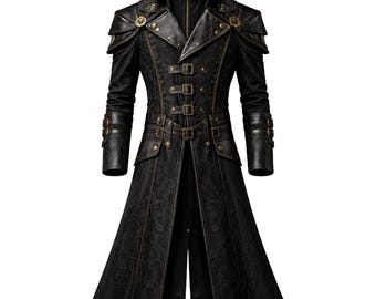 Men's Steampunk Gothic Long Coat | Victorian Brocade Trench Jacket, Fantasy Overcoat